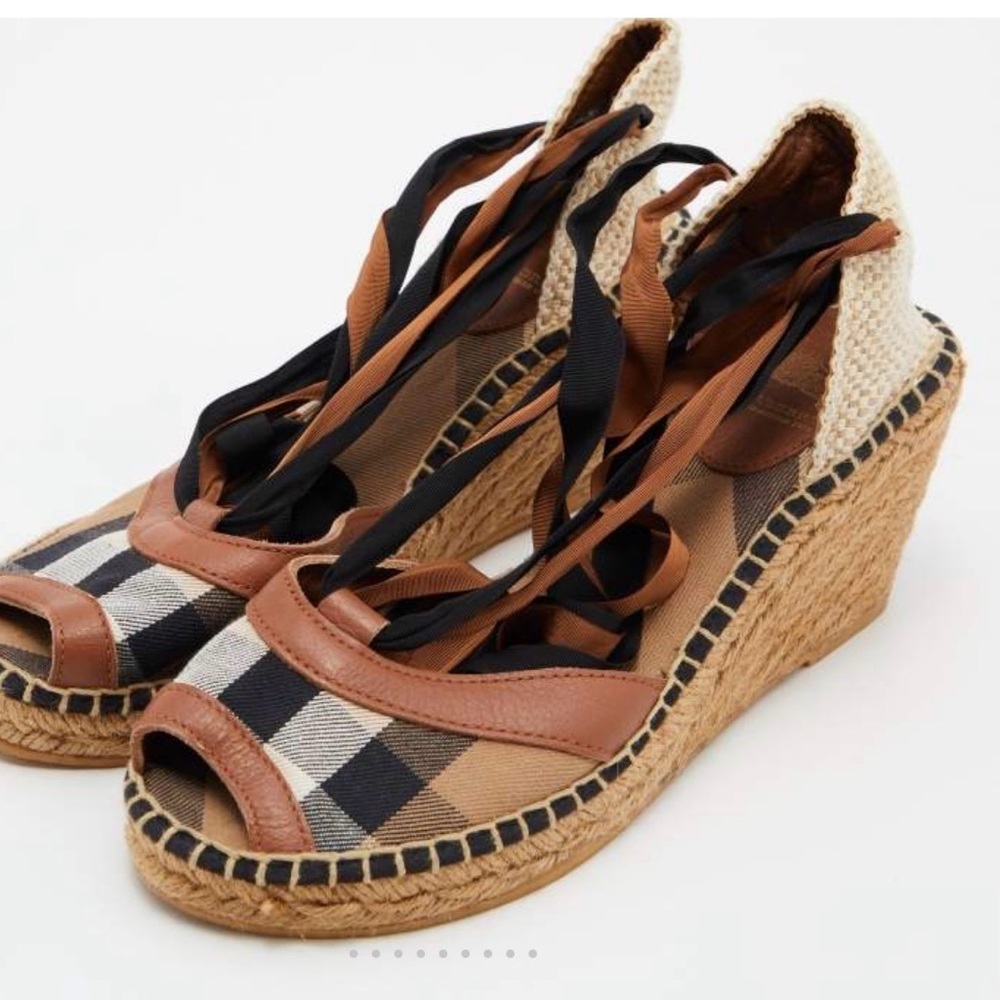 Burberry Tan and Black Plaid Wedge Sandals
